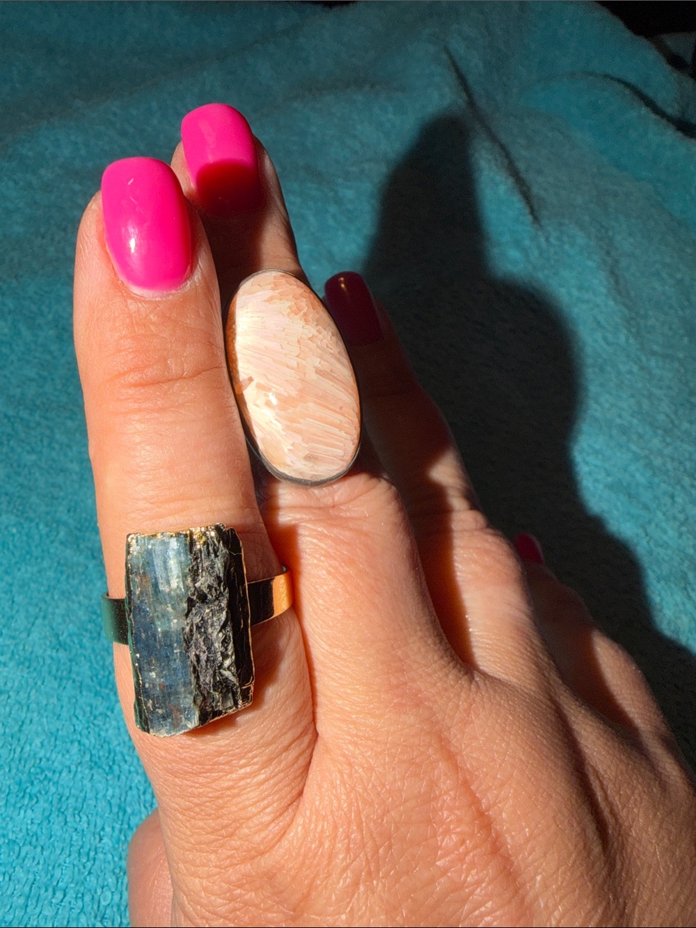 Handcrafted Pink Nail & Two-Stone Statement Ring Set
